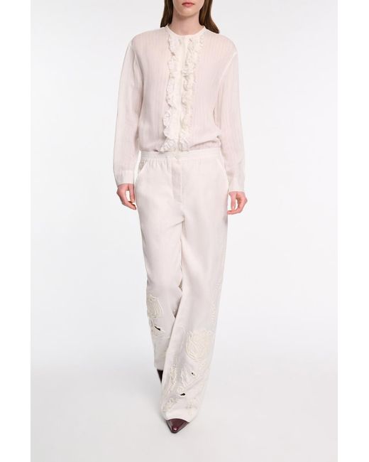 Dorothee Schumacher White Striped Silk-Viscose Blouson-Style Blouse With Ruffles