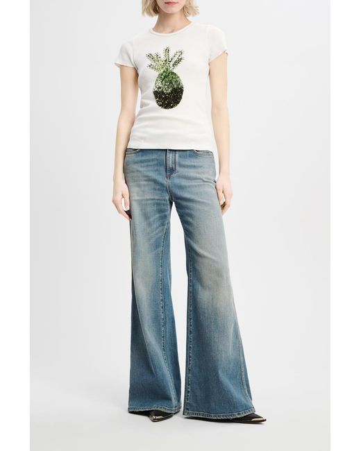 Dorothee Schumacher White Fine Ribbed Cotton T-shirt With Pineapple Embroidery