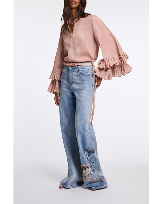 Dorothee Schumacher Natural Bluse aus gestreiftem Seide-Viskose Organdy Voile mit Volants