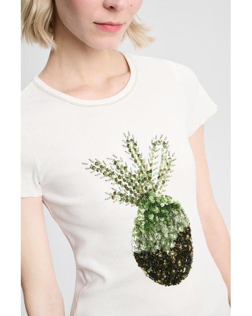 Dorothee Schumacher White Fine Ribbed Cotton T-shirt With Pineapple Embroidery