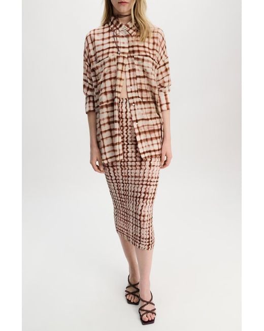 Dorothee Schumacher White Silk-viscose Plaid Pencil Skirt With Allover Smocking