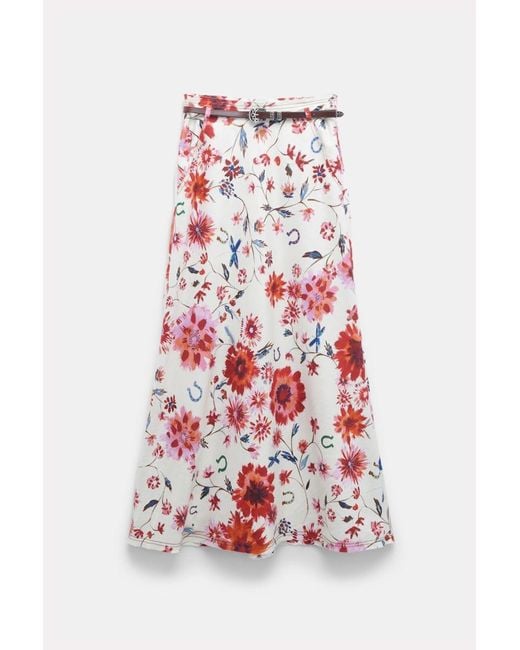 Dorothee Schumacher White Printed Linen Skirt With Removable Leather Tie Belt