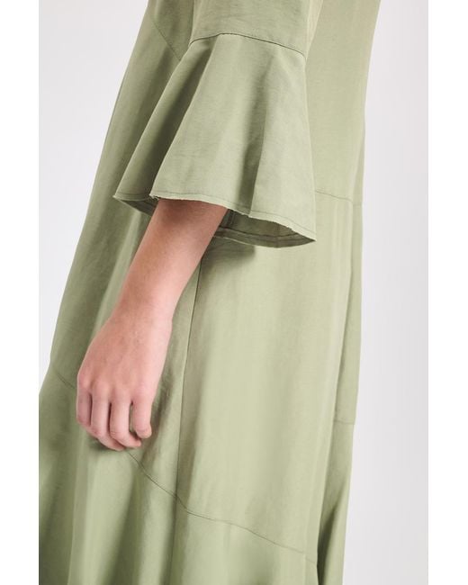 Dorothee Schumacher Green Kleid aus Leinenmix mit tiefem V-Ausschnitt und Volants