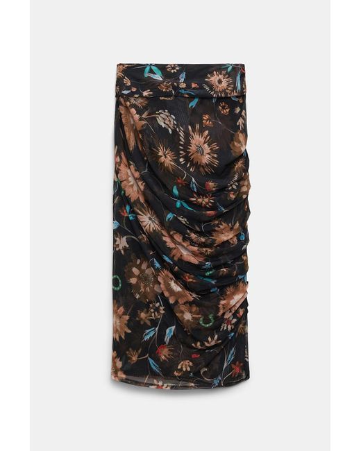 Dorothee Schumacher Black Draped Mesh Jersey Midi Skirt With Allover Lucky Floral Print