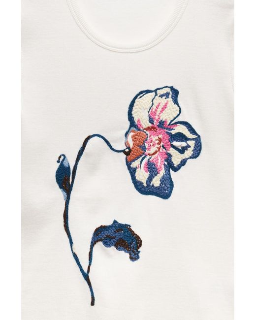 Dorothee Schumacher White Fine Rib Stretch Cotton T-shirt With Floral Embroidery