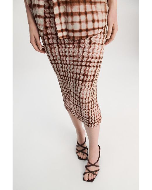 Dorothee Schumacher White Silk-viscose Plaid Pencil Skirt With Allover Smocking