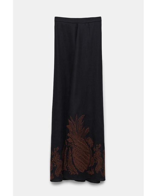 Dorothee Schumacher Black Linen Midi Skirt With Contrast Broderie Anglaise