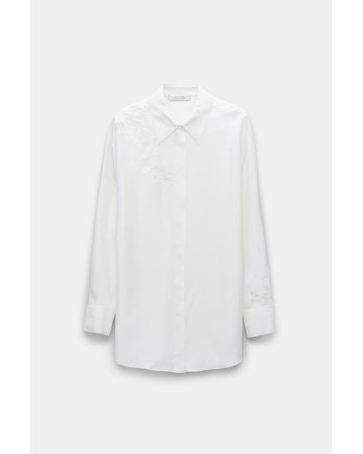 Dorothee Schumacher White Silk Twill Shirt With Asymmetric Lace Inserts On One Shoulder And Sleeve