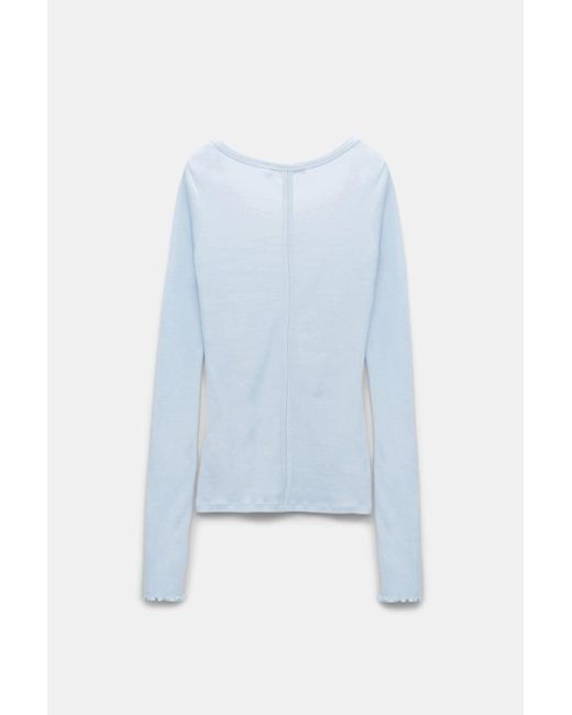 Dorothee Schumacher Blue Ribbed Cotton Long Sleeve Top With A Deep Scoop Neckline