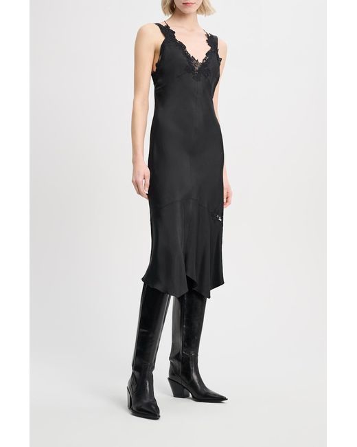 Dorothee Schumacher Black Silk Twill Lingerie-style Dress With Details In Lace