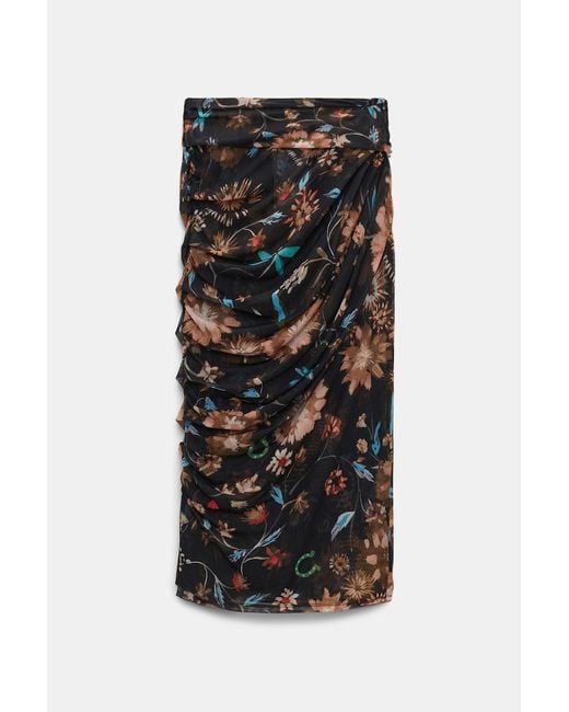Dorothee Schumacher Black Draped Mesh Jersey Midi Skirt With Allover Lucky Floral Print