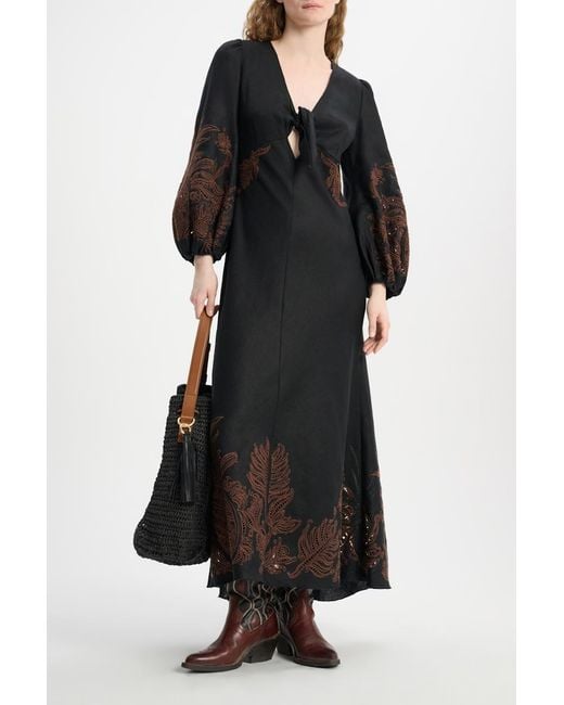 Dorothee Schumacher Black Linen Midi Dress With Contrast Broderie Anglaise