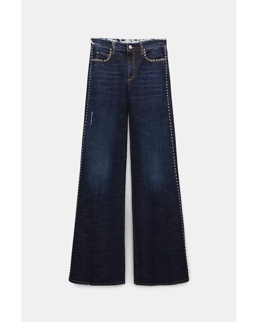 Dorothee Schumacher Blue Studded Wide Leg Jeans With Frayed Waistband