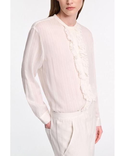Dorothee Schumacher White Striped Silk-Viscose Blouson-Style Blouse With Ruffles