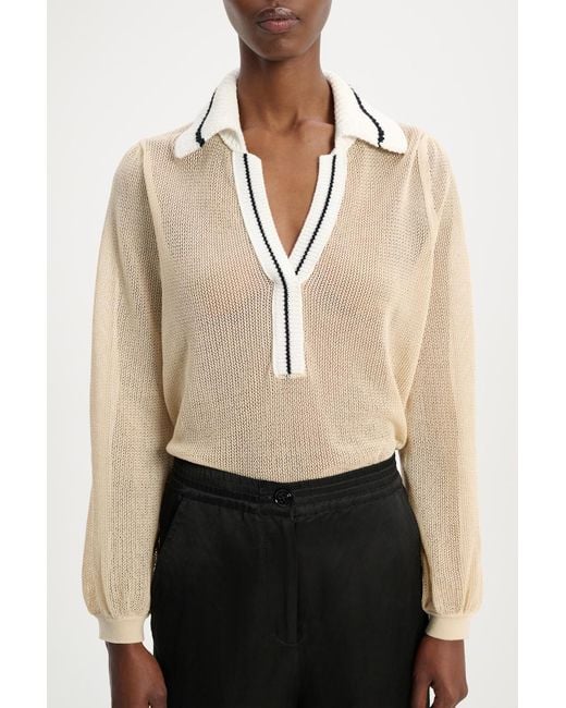 Dorothee Schumacher Natural Sheer Knit Cotton Mesh Polo-style Pullover With Contrast Trim