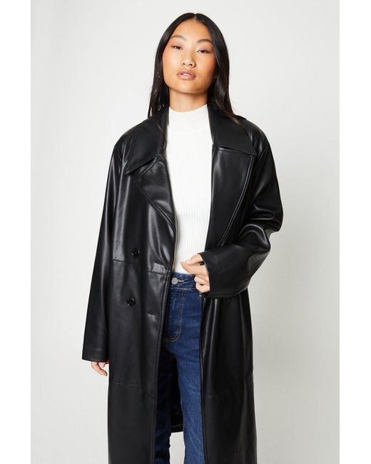 Dorothy Perkins Petite Faux Leather Longline Trench Coat in Black Lyst