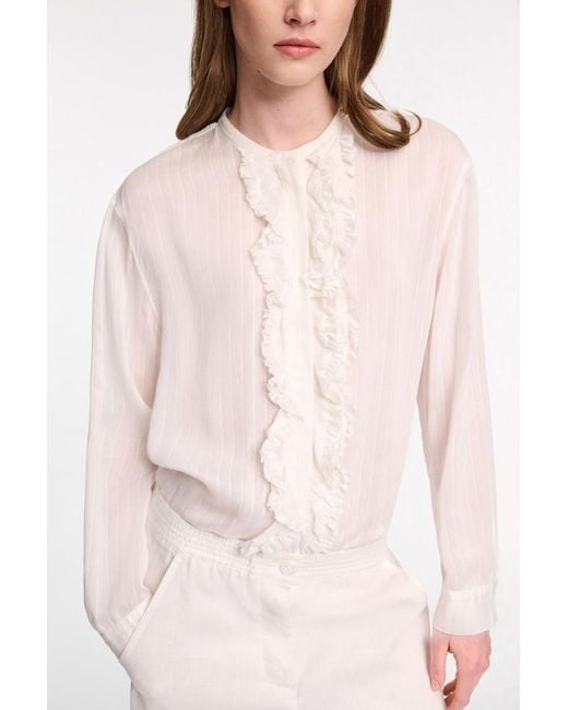 Dorothee Schumacher White Striped Silk-Viscose Blouson-Style Blouse With Ruffles