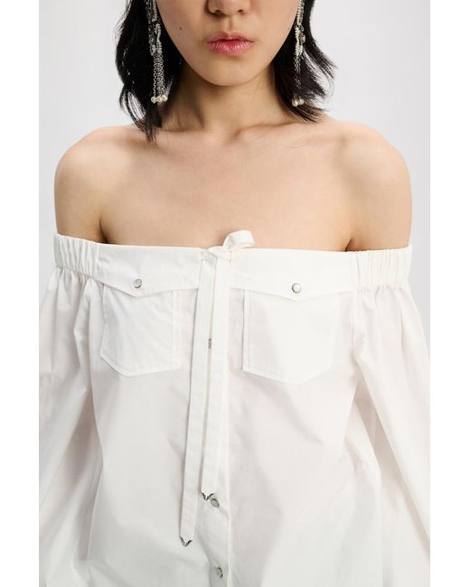Dorothee Schumacher White Off-the-shoulder Cotton-poplin Shirt With Western-inspired Detailing