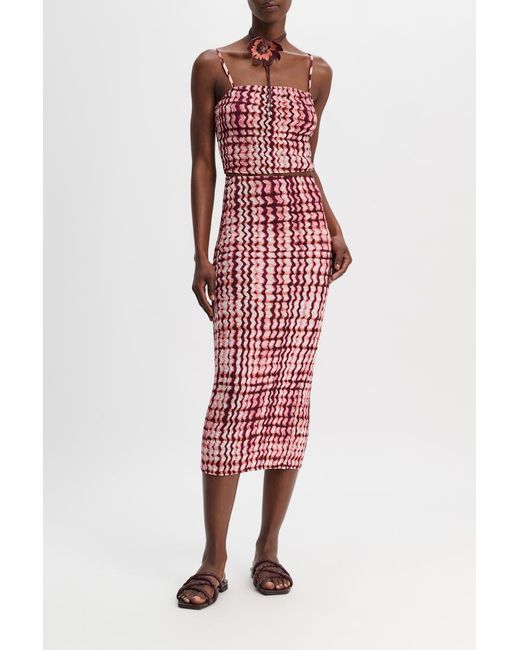 Dorothee Schumacher Red Silk-viscose Plaid Pencil Skirt With Allover Smocking