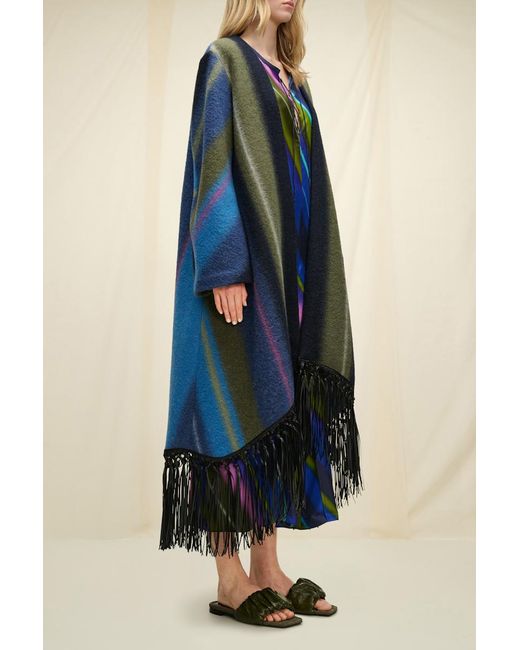 Dorothee Schumacher Multicolor Striped Wool Blend Coat With Leather Fringe