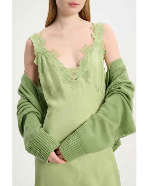 Dorothee Schumacher Green Silk Twill Lingerie-style Dress With Details In Lace