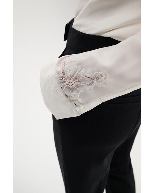 Dorothee Schumacher White Silk Twill Shirt With Asymmetric Lace Inserts On One Shoulder And Sleeve