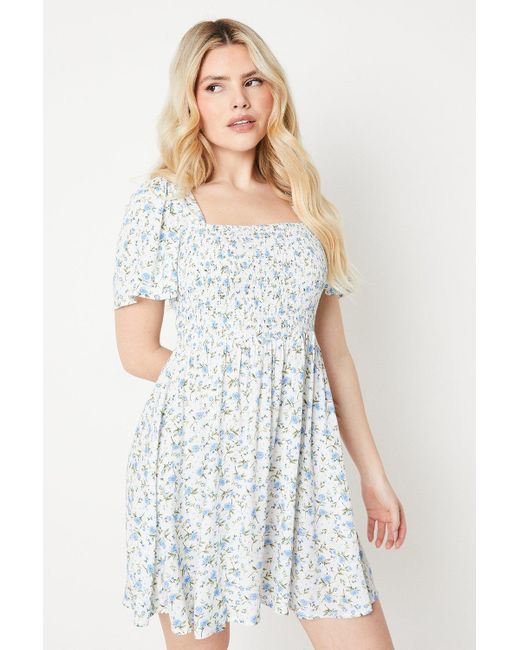 Dorothy Perkins White Blue Ditsy Shirred Bodice Flutter Sleeve Mini Dress