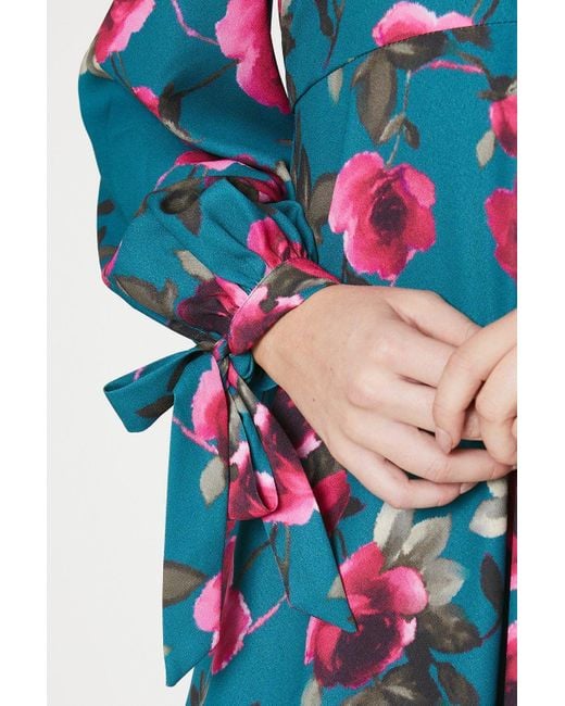 Dorothy Perkins Blue Green Floral Tie Sleeve Midi Dress
