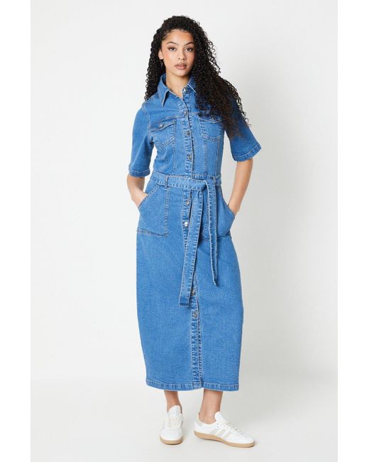 Dorothy Perkins Blue Tall Denim Short Sleeve Midi Dress