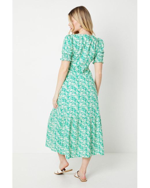 Dorothy Perkins Green Floral Scoop Neck Shirred Cuff Midi Dress