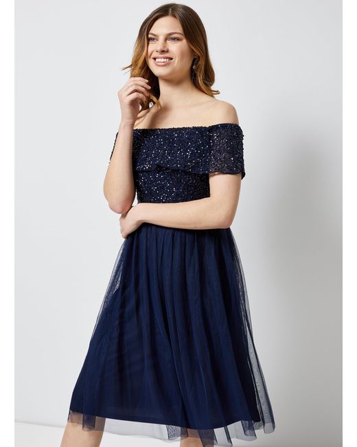 navy blue bardot dress