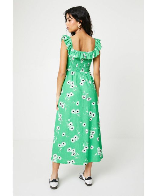 Dorothy Perkins Green Petite Floral Shirred Body Frill Neck Midi Dress
