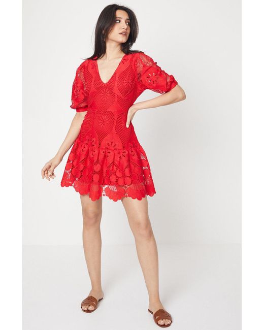 Dorothy Perkins Red Lace V Neck Mini Dress