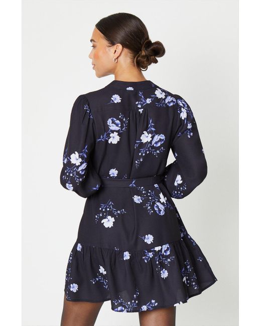 Dorothy Perkins Blue Petite Black Floral Frill Hem Mini Shirt Dress