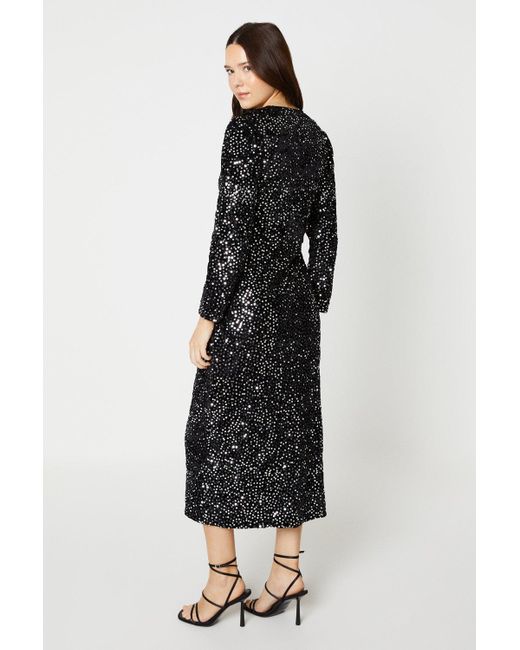 Dorothy Perkins Black Wrap Sequin Velvet Long Sleeve Midi Dress