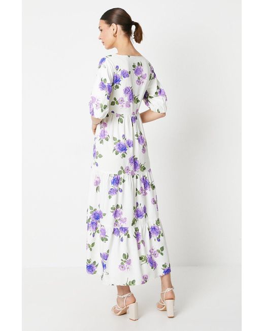 Dorothy Perkins White Floral Tiered Puff Sleeve Midi Dress