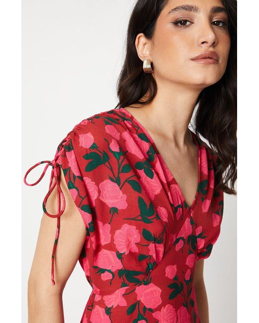 Dorothy Perkins Red Floral Ruched Sleeve V Neck Midi Dress