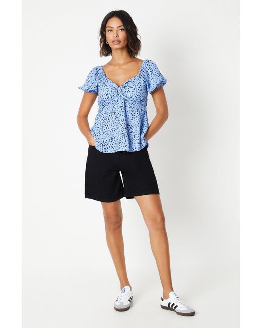 Dorothy Perkins Blue Abstract Knot Front Puff Sleeve Blouse