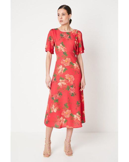 Dorothy Perkins Red Floral Tie Back Flutter Sleeve Midi Dress