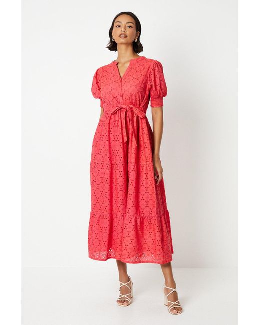 Dorothy Perkins Broderie Belted Midi Shirt Dress in Red | Lyst
