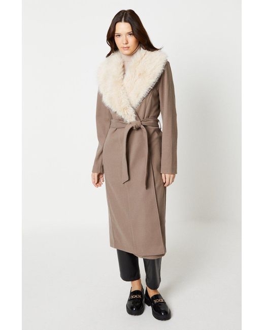 Dorothy Perkins Natural Faux Fur Trim Longline Wrap Coat