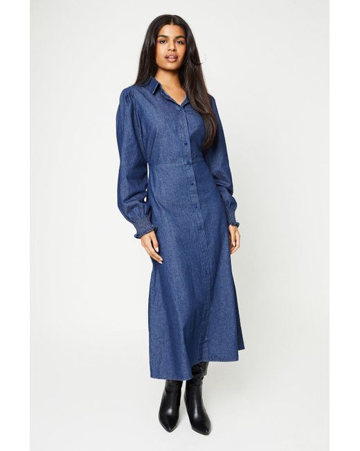 Dresses | Mid Wash Denim Shirred Cuff Midi Shirt Dress | Dorothy Perkins