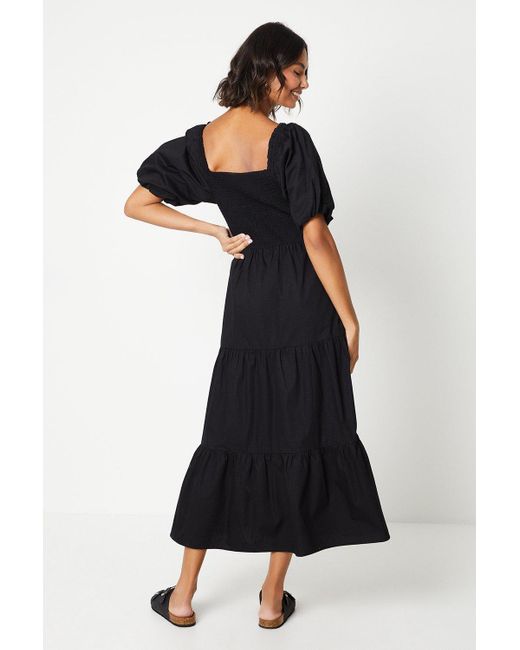 Dorothy Perkins Black Puff Sleeve Shirred Bodice Midi Dress