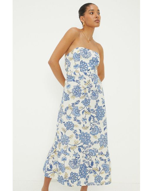 Dorothy Perkins Blue Ivory Floral Printed Poplin Bandeau Midi Dress