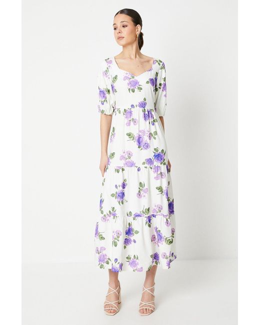 Dorothy Perkins White Floral Tiered Puff Sleeve Midi Dress
