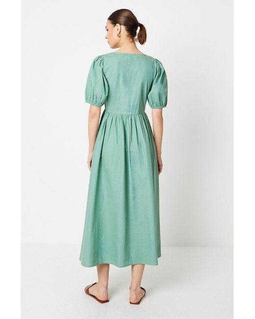 Dorothy Perkins Green Poplin Button Through Puff Sleeve Midi Dress