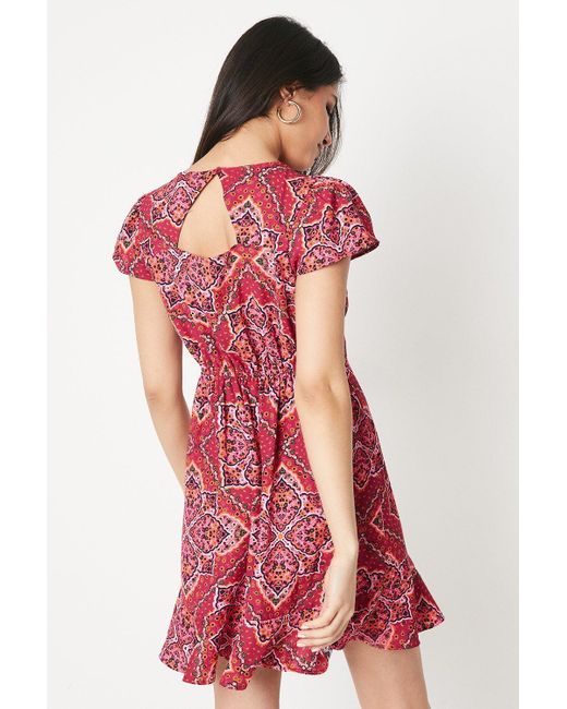 Dorothy Perkins Red Tile Print Flutter Sleeve Tiered Hem Mini Dress