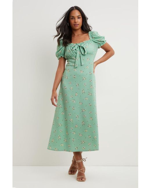 Dorothy Perkins Green Floral Textured Bow Front Midi Dress