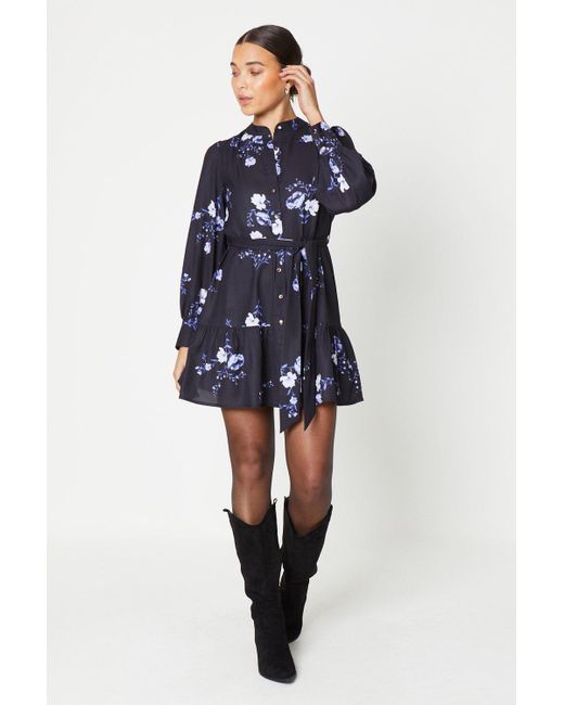 Dorothy Perkins Blue Petite Black Floral Frill Hem Mini Shirt Dress