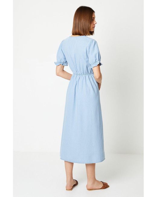 Dorothy Perkins Blue Denim V Neck Puff Sleeve Midi Dress